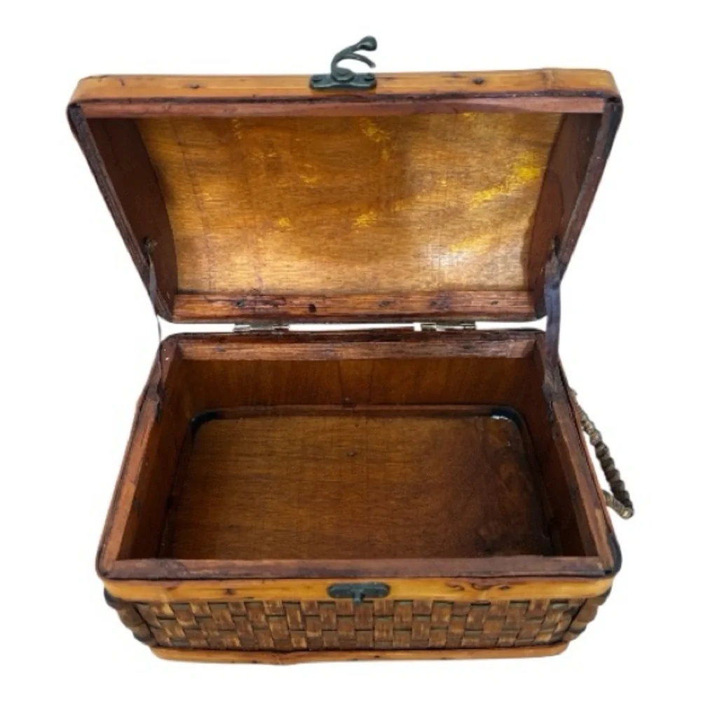Vintage Woven Rattan Bamboo And Wood Treasure Chest Aged Brass Closure